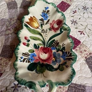 Hand-Painted Floral Ceramic Leaf Dish - Cream with Green and Multicolor Flowers